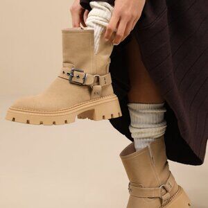 Lulus Rylander Sand Suede Moto Ankle Boots Beige - Size 7